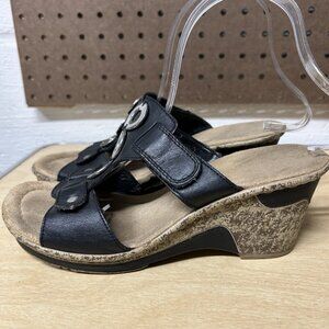 Rieker Slip On Sandal Heel Black Leather Size 38 US 7 Silver Accent